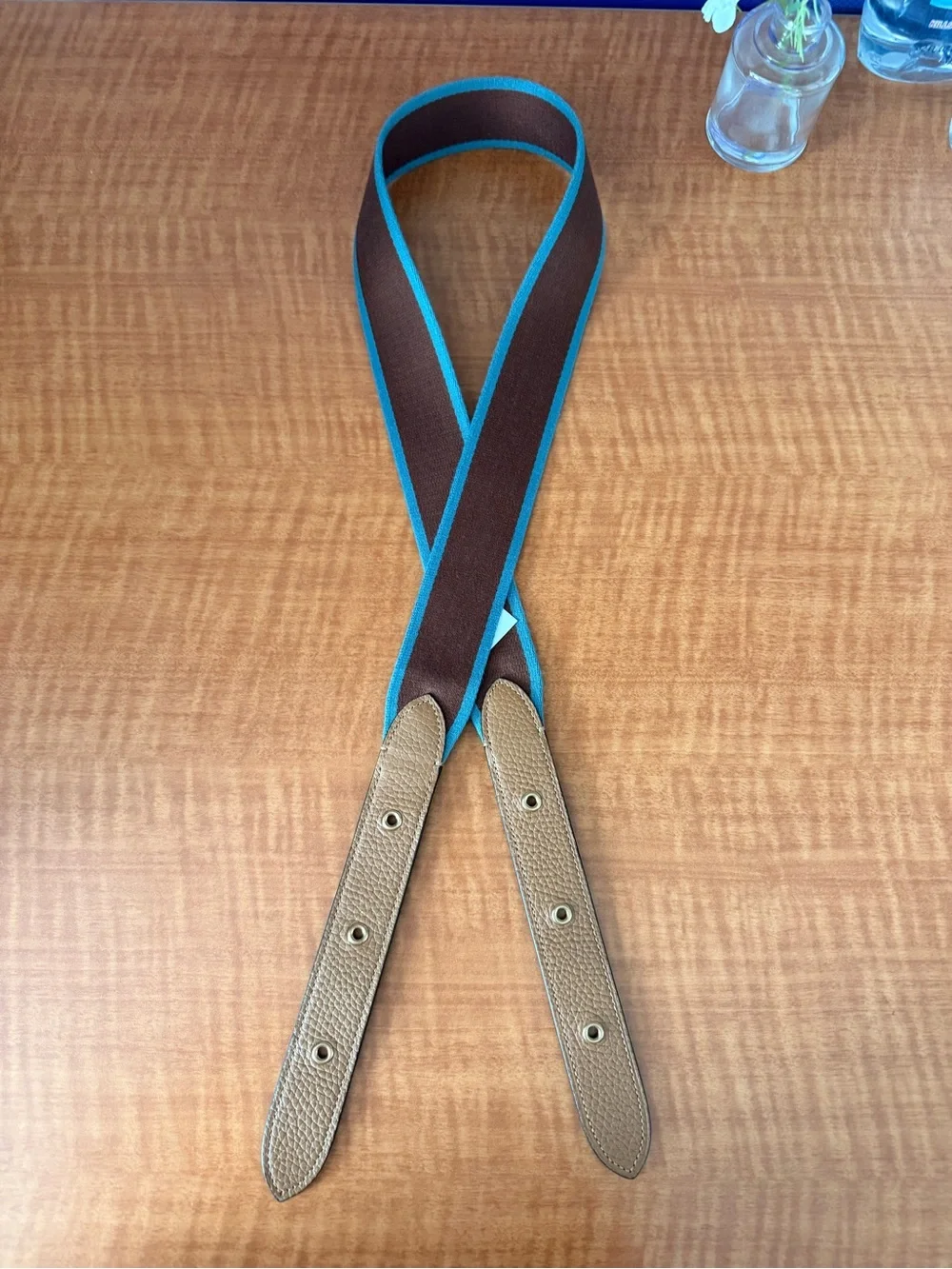 Adjustable Brown Webbing Camera/Bag Strap with Turquoise Edge - Picture 1 of 9